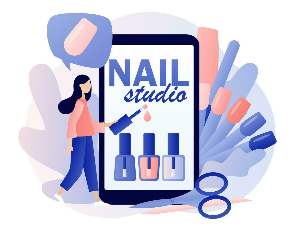 Nail studio - text on smartphone screen. Manicurist service. Beauty salon concept. Manicure master online registration in app. Different tools for manicure. Modern flat cartoon style. Vector