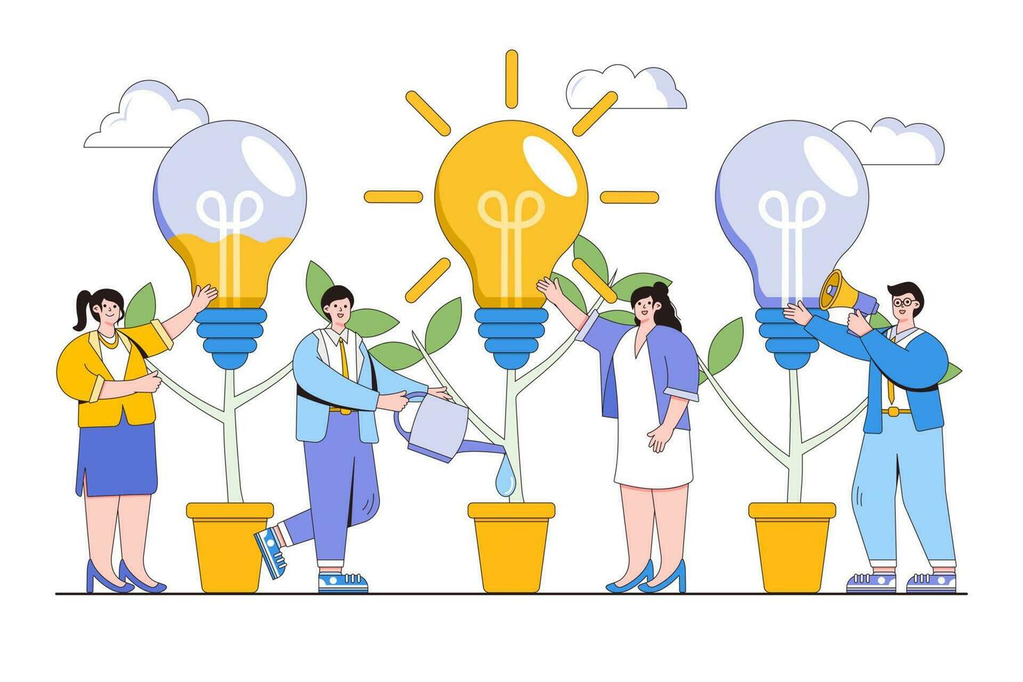 Birth of creative idea concept. Business people grow potted plants. Outline design style minimal vector illustration for landing page, web banner, infographics, hero images