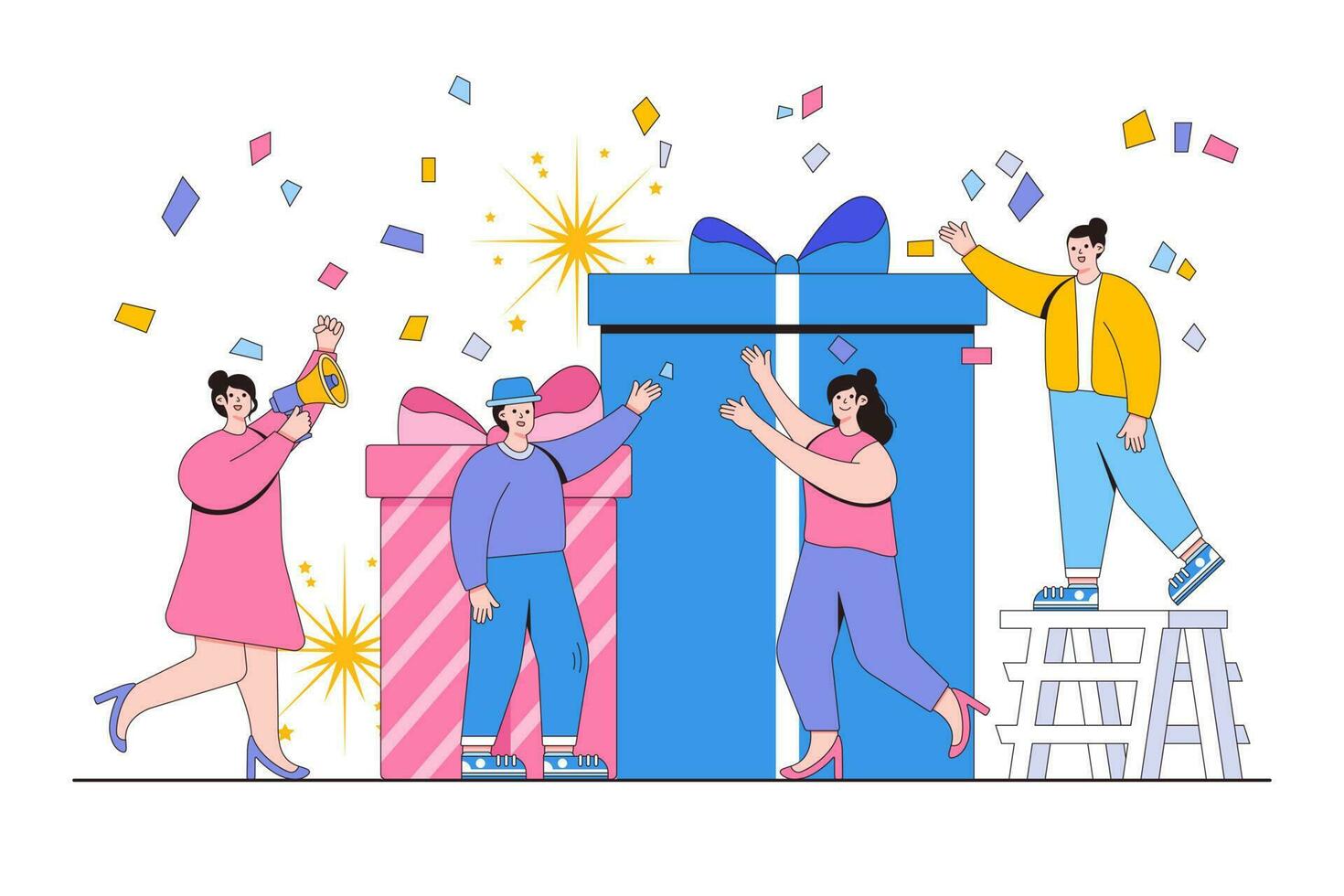 Employee receives a gift, online reward for a good job, holiday corporate concept. Outline design style minimal vector illustration for landing page, web banner, infographics, hero images