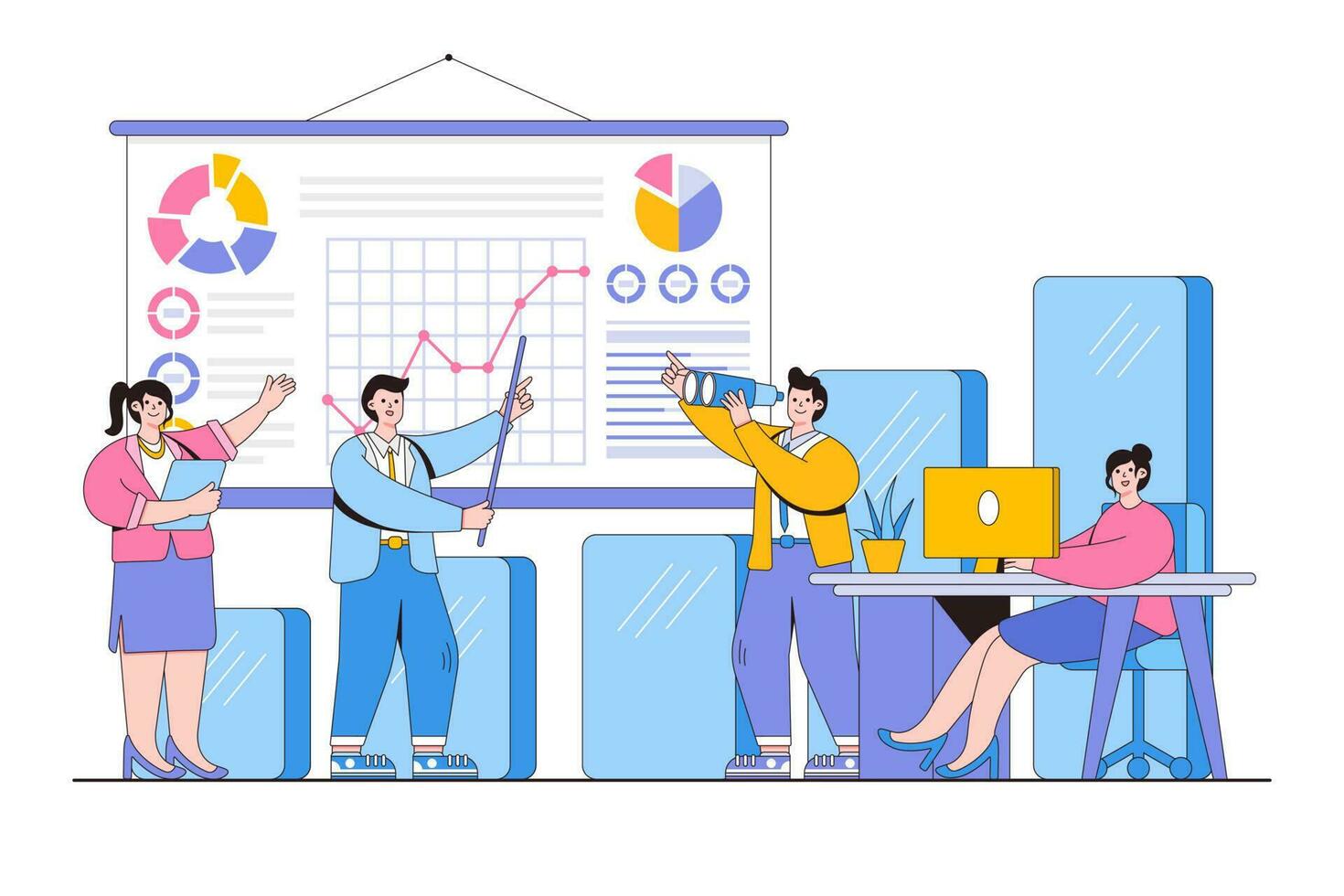 Teamwork in a company, brainstorming concept. Office workers study infographics, analysis of the evolutionary scale, search for new solutions ideas. Minimal vector illustration for landing page