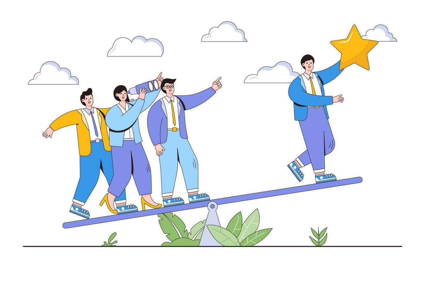 Teamwork to achieving success concept. Group of people are swinging and working together to get a star from the sky. Outline design style minimal vector illustration for landing page, web banner