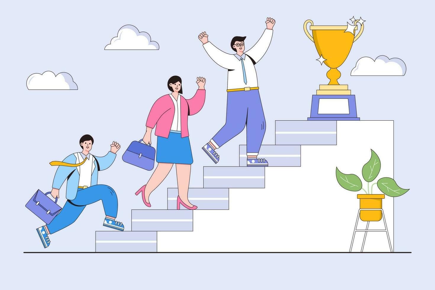 Competition and career development concept. Business people climb the ladder to the goal with golden cup. Outline design style minimal vector illustration for landing page, web banner, hero images