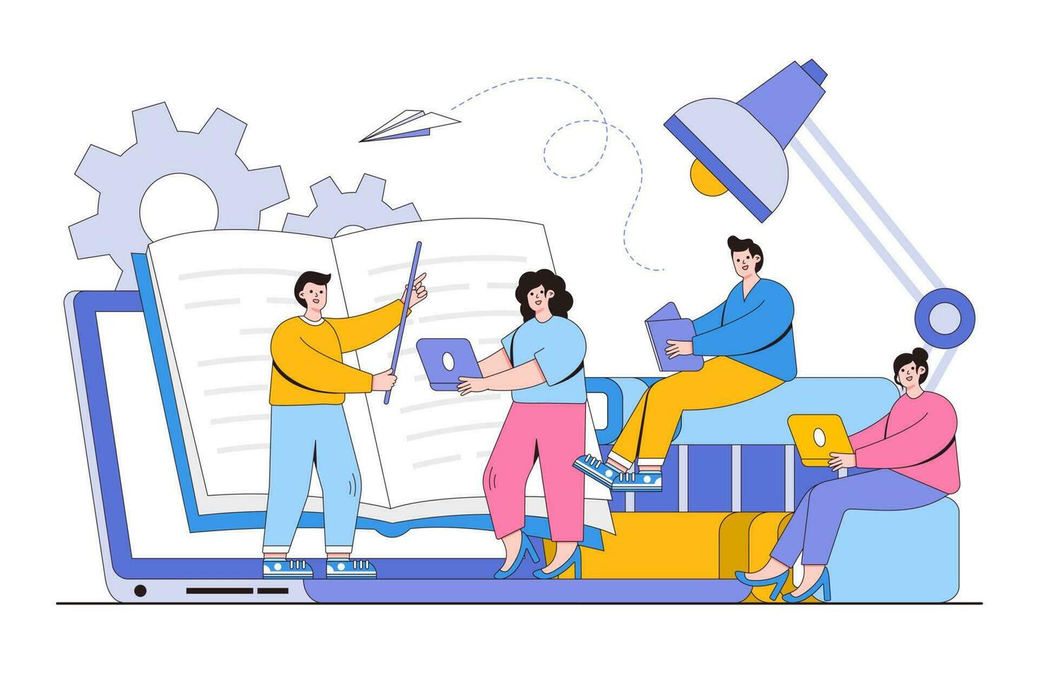 Online students concept with teacher teaching young people how to learn from books and internet. Outline design minimal vector illustration for landing page, web banner, infographics, hero images