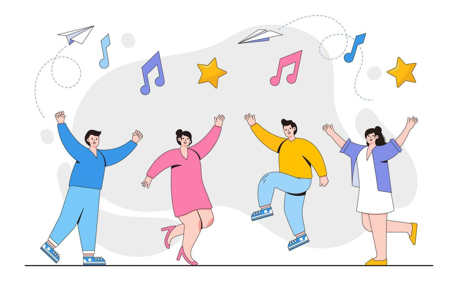 Group of young people dancing and having fun to the music. Outline design style minimal vector illustration for landing page, web banner, infographics, hero images