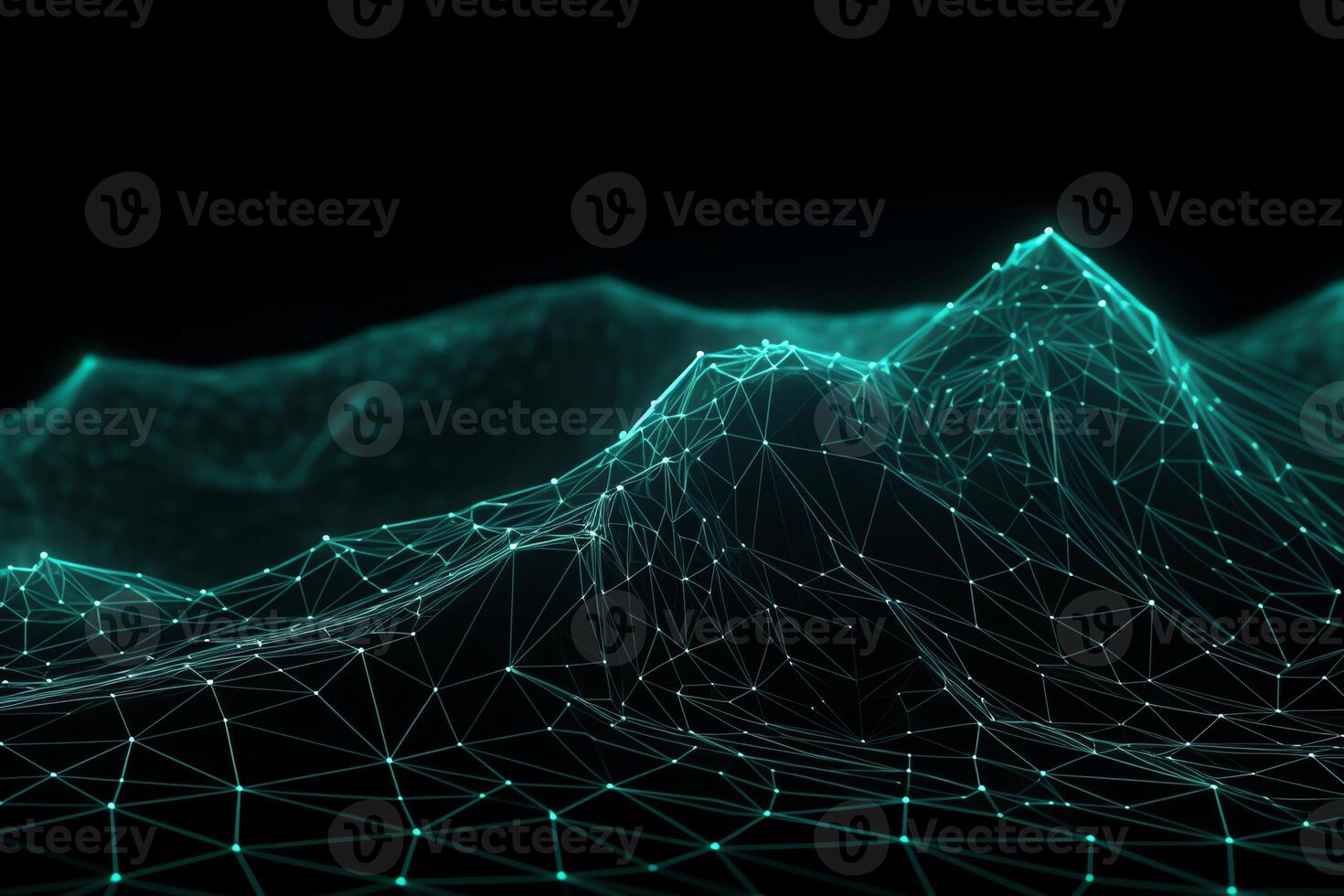 Network technology background futuristic tech black background low poly green wave 3d wire illustration. photo