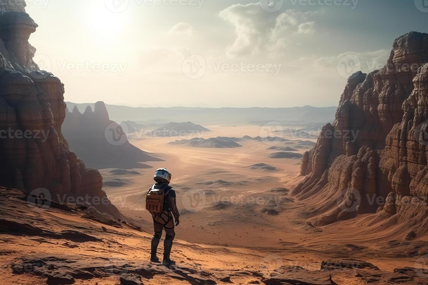 Deserted planet in alien world lone man astronaut and landscape. photo