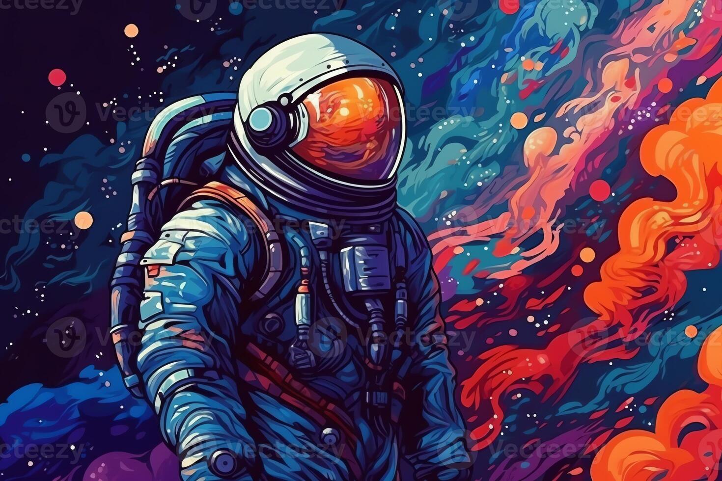 Astronaut in a spacesuit per ming a spacewalk against the background of stars and planets colorful illustration human spaceflight. photo