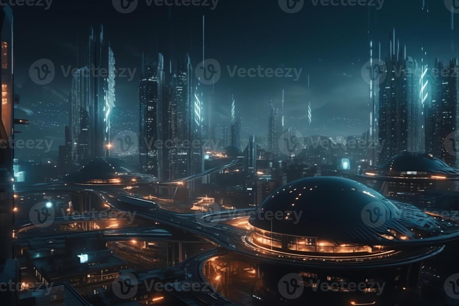 3D rendering of a futuristic city at night with a scifi theme. photo
