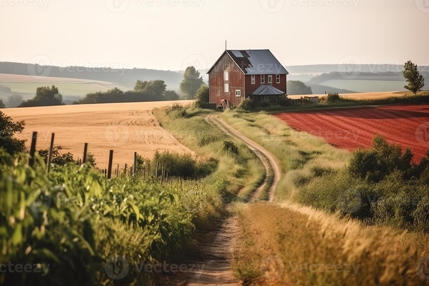 campos con un rojo granero en el Hora de verano campo campo ajuste granja construcción granja educación. ai generado foto