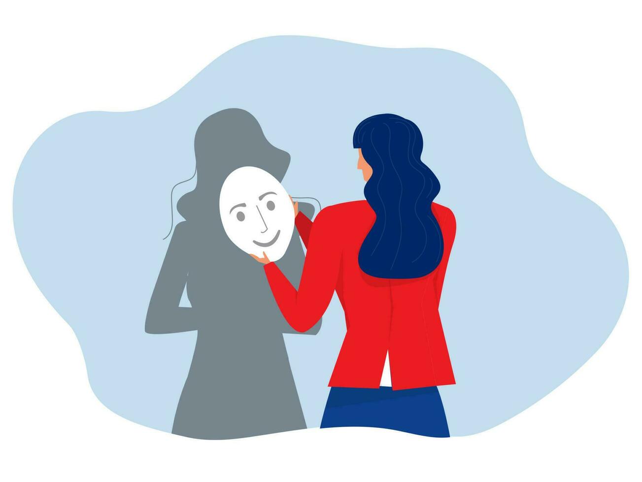 Imposter Syndrome. A businesswoman looks her shadow and takes mask his imposter for Anxiety and lack of self confidence at work vector