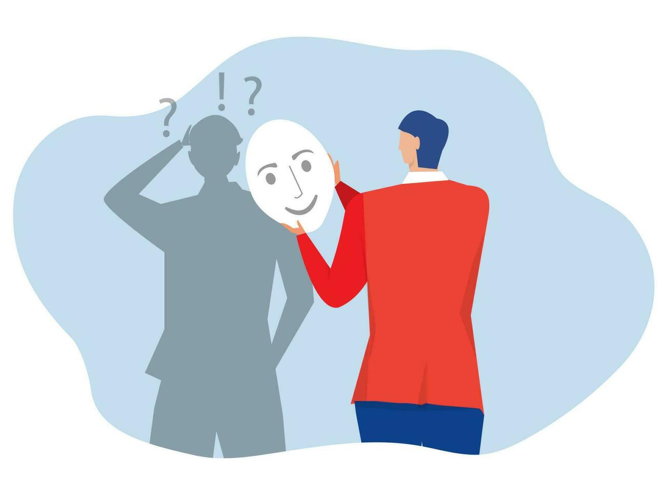 Imposter Syndrome. A businessman looks her shadow and takes mask his imposter for Anxiety and lack of self confidence at work vector