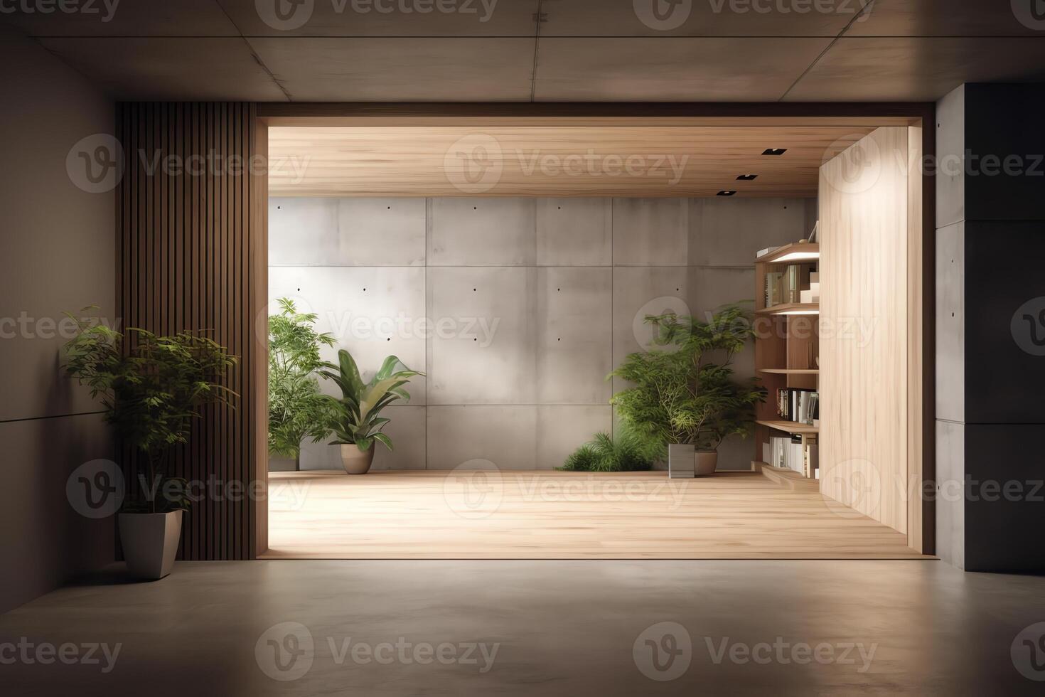 Modern contemporary loft empty room with open door to garden 3d render the rooms have concrete tile floors wooden plank ceiling. photo
