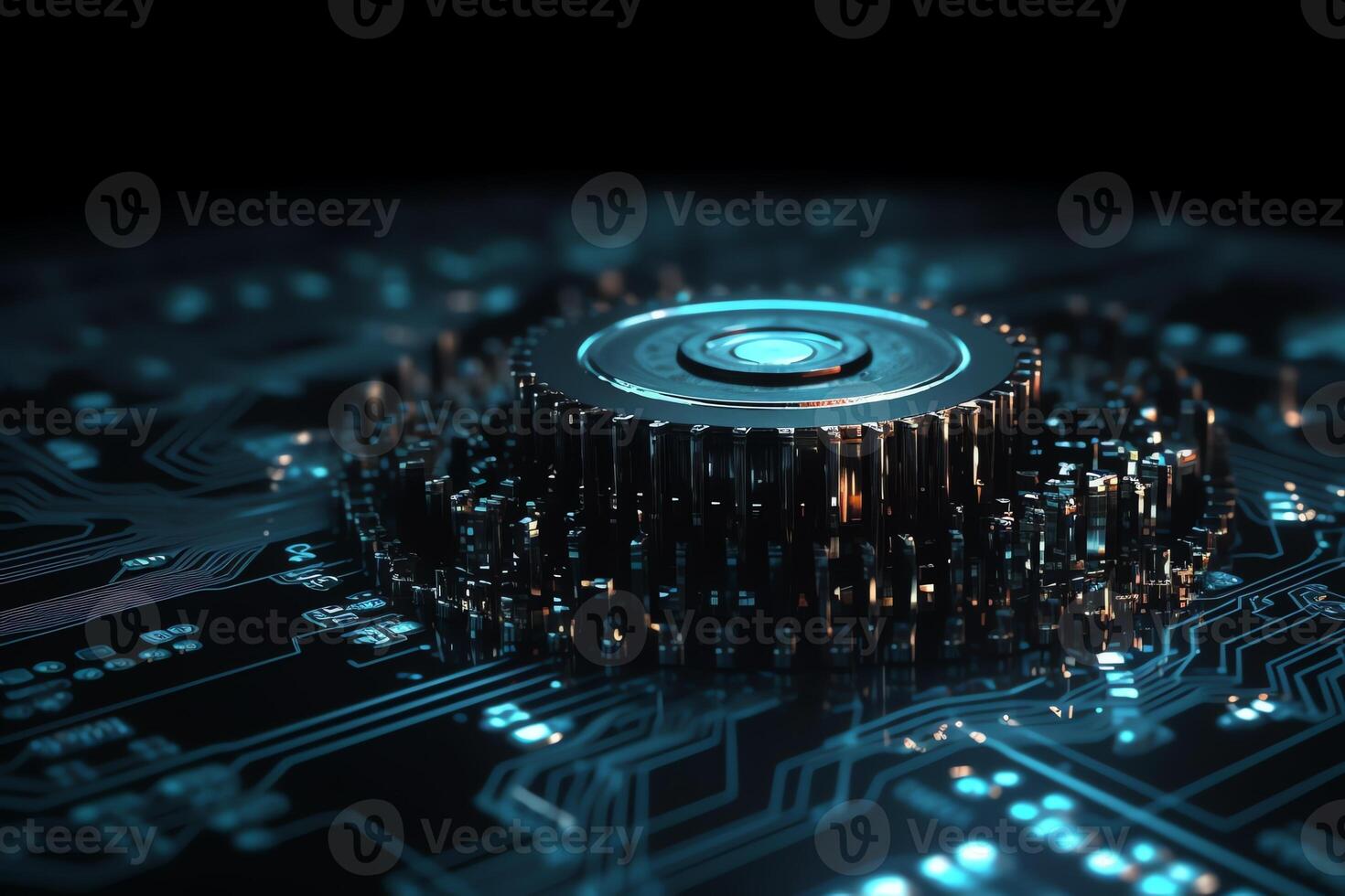 Gear wheel on the circuit board illustration hitech engineering and digital engineer concept web template business tech business team. photo