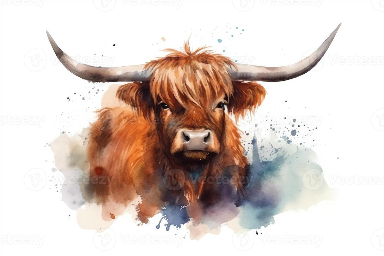 Cattle from scotland highland cow from scotland the bull had horns isolated with space to write your own words aquarelle watercolor illustration. photo
