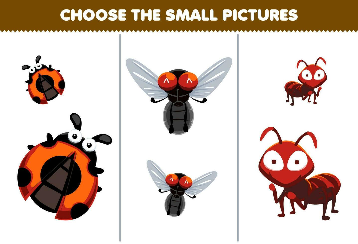 Education game for children choose the small picture of cute cartoon ladybug fly ant printable animal worksheet vector