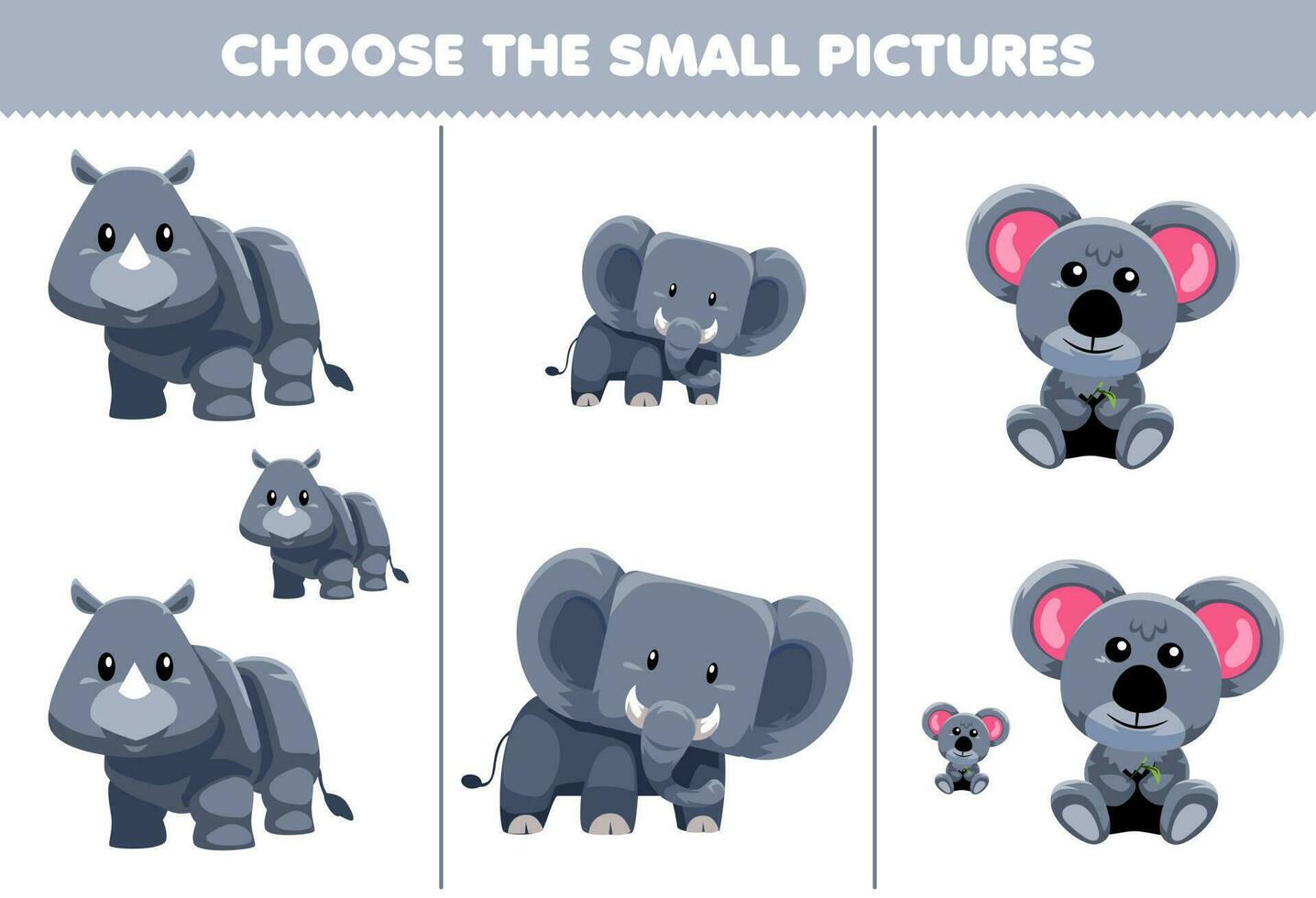 educación juego para niños escoger el pequeño imagen de linda dibujos animados rinoceronte elefante coala imprimible animal hoja de cálculo vector