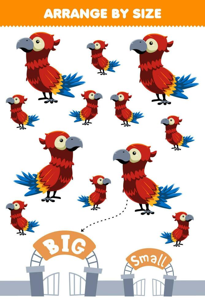 Education game for children arrange by size big or small of cute cartoon parrot printable animal worksheet vector