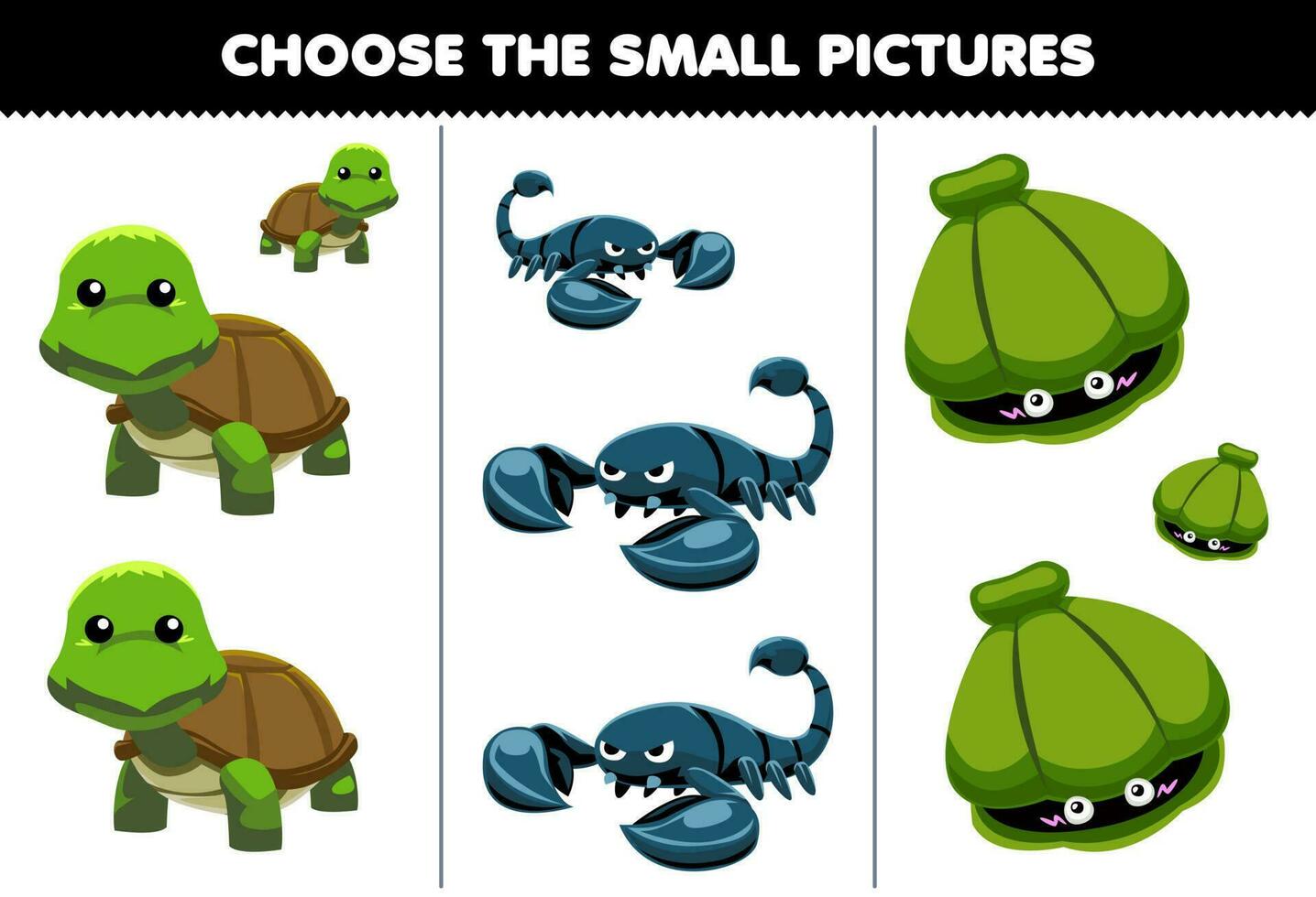 Education game for children choose the small picture of cute cartoon turtle scorpion shell printable animal worksheet vector