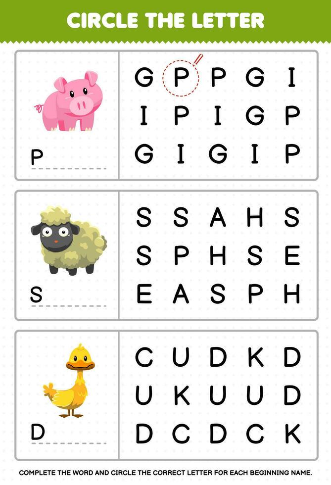 educación juego para niños circulo el comenzando letra desde linda dibujos animados cerdo oveja Pato imprimible animal hoja de cálculo vector