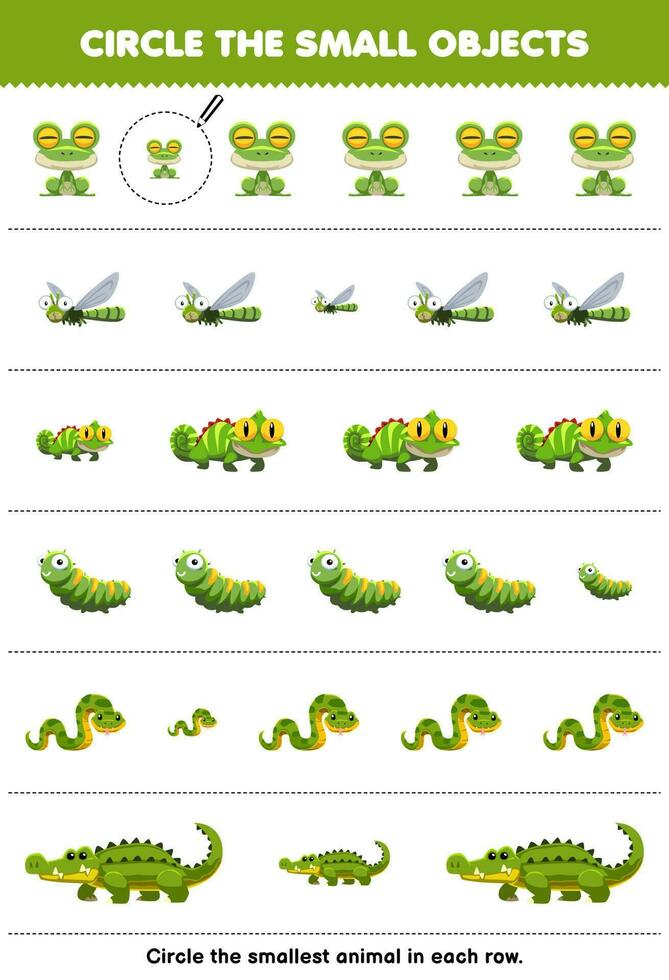 Education game for children circle the smallest object in each row of cute cartoon frog dragonfly iguana caterpillar snake crocodile printable animal worksheet vector