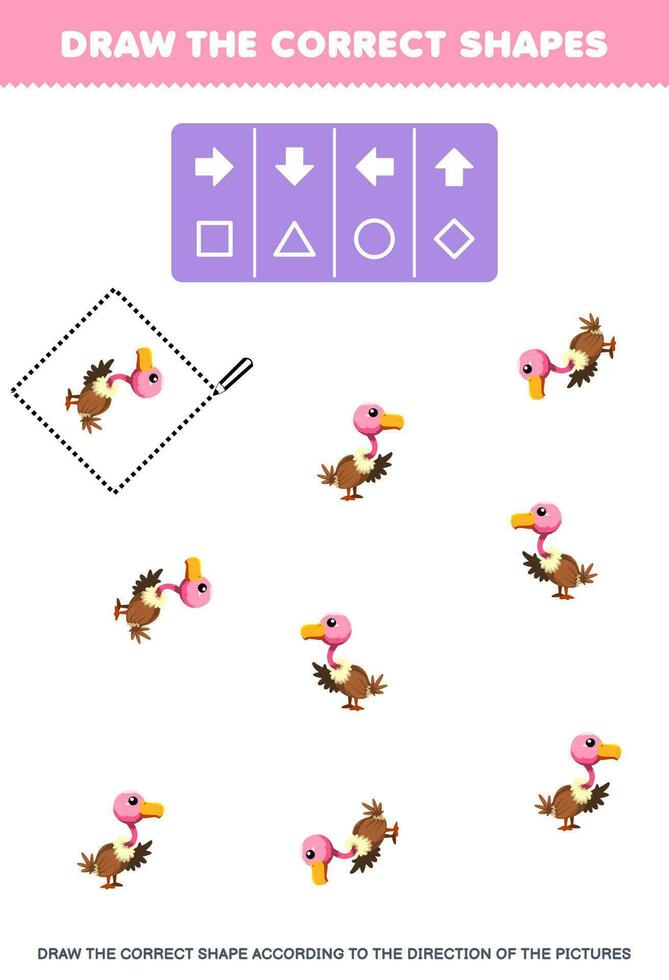 Education game for children draw the correct shape according to the direction of cute cartoon vulture pictures printable animal worksheet vector