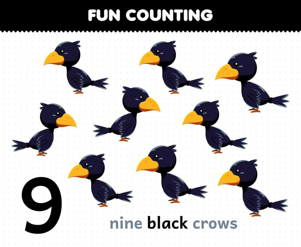 Education game for children fun counting cute cartoon nine black crows