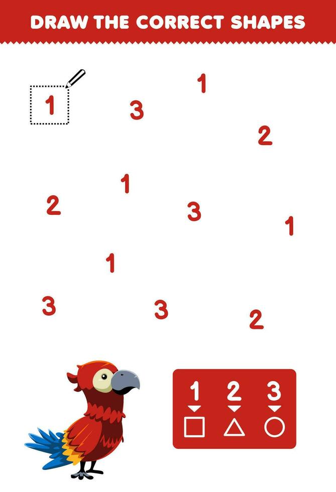 Education game for children help cute cartoon parrot draw the correct shapes according to the number printable animal worksheet vector