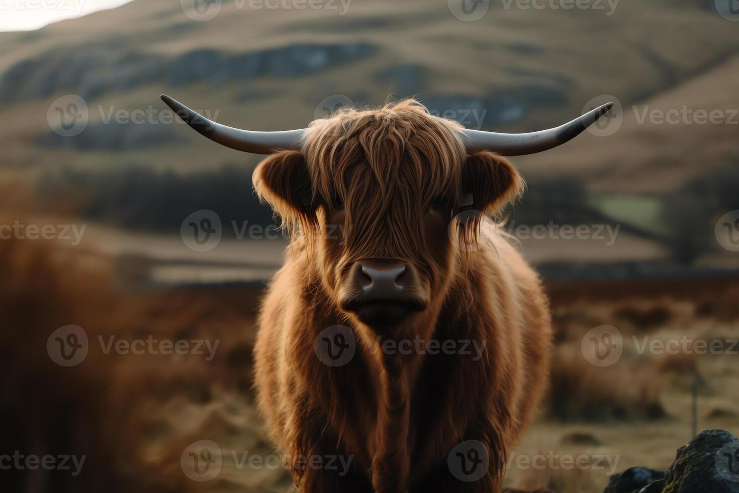 Highland cow in scotland valley. photo