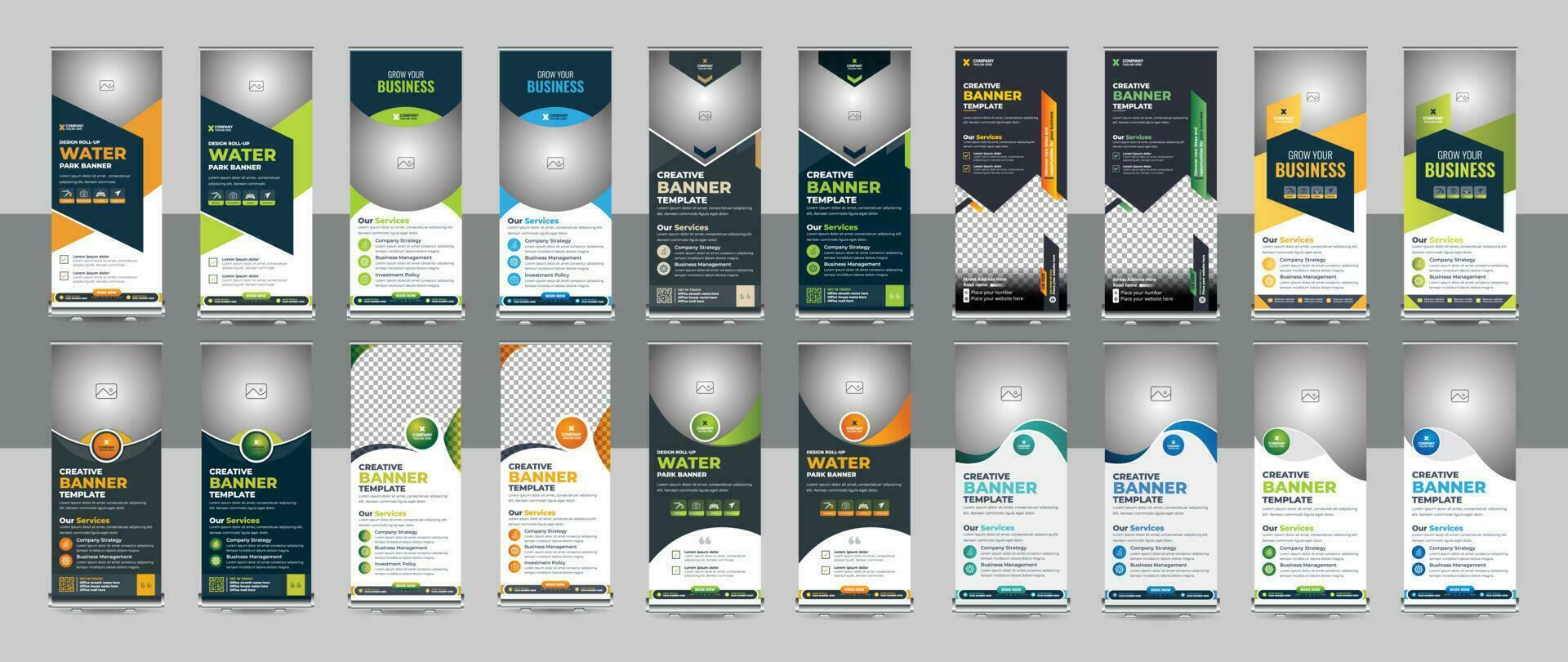 Roll up banner design template bundle, Business banner layout. vertical, abstract background, pull up design, modern x-banner, rectangle size, presentation, poster, advertisement, print media vector