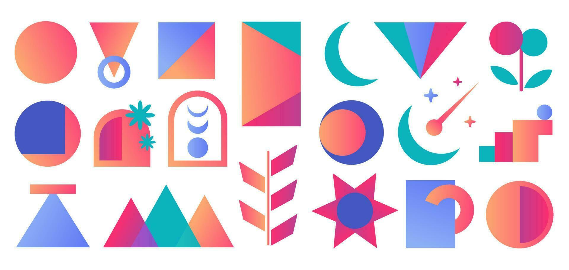Collection of abstract gradient shapes and geometrical objects, decorative art, design elements. vector