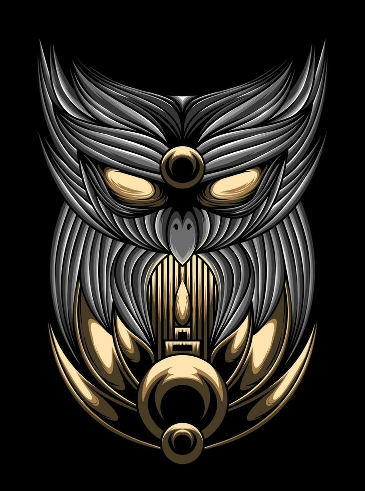Owl head on the background of the shield. Vector illustration.