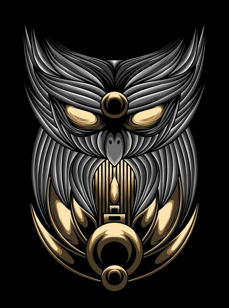 Owl head on the background of the shield. Vector illustration.