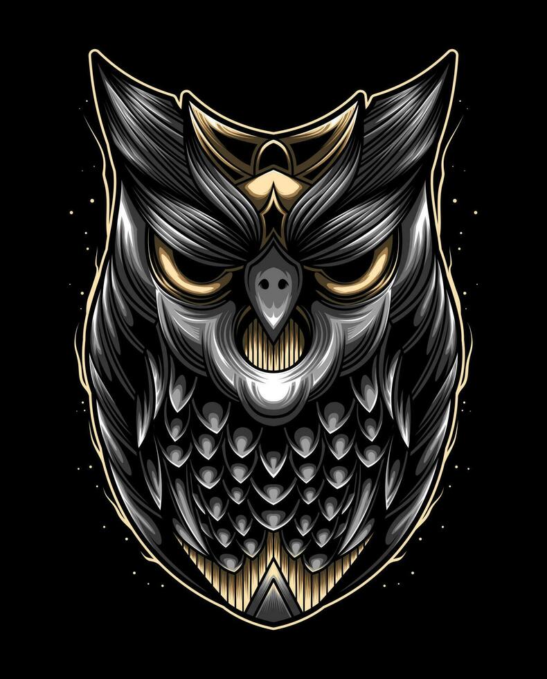 Owl head vector illustration isolated on black background for t-shirt