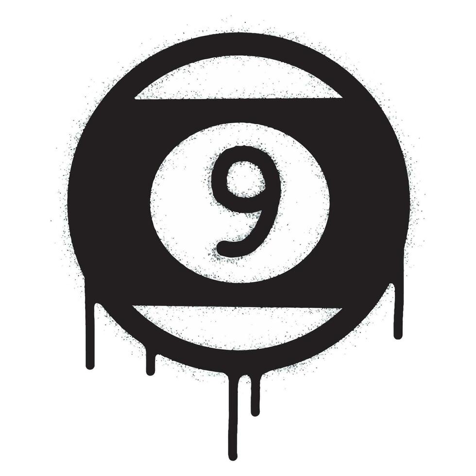 Spray Painted Graffiti Sprayed billiard ball symbol isolated on white background. Nine ball graffiti icon with overspray in black on white. vector