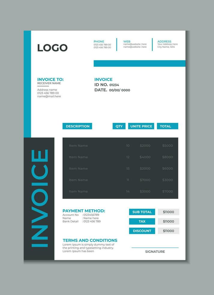 Invoice template design, billing cash voucher, money receipt cash memo layout design with mockup vector