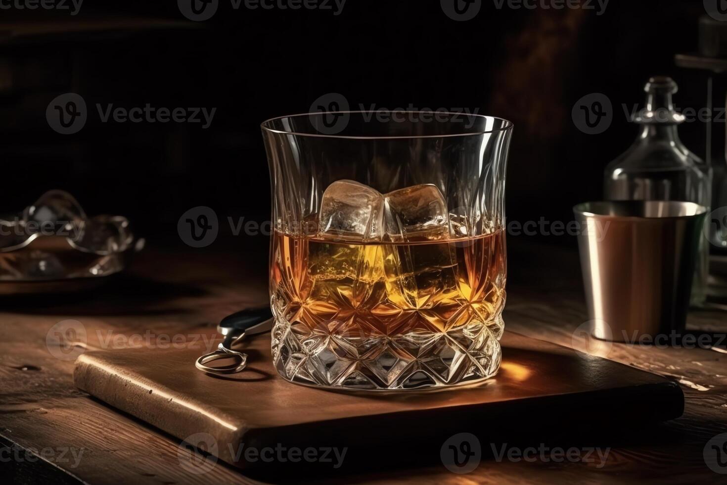 vaso de whisky con hielo todavía vida brandy Borbón en un marrón de madera mesa rústico estilo alcohol bebida Ron escocés es generado con el utilizar de un ai. ai generado foto