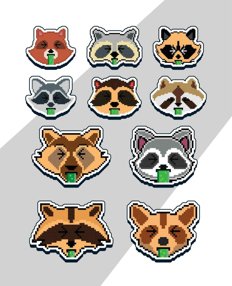 pixel art raccoon faces emoji sticker pixel sticker design vector