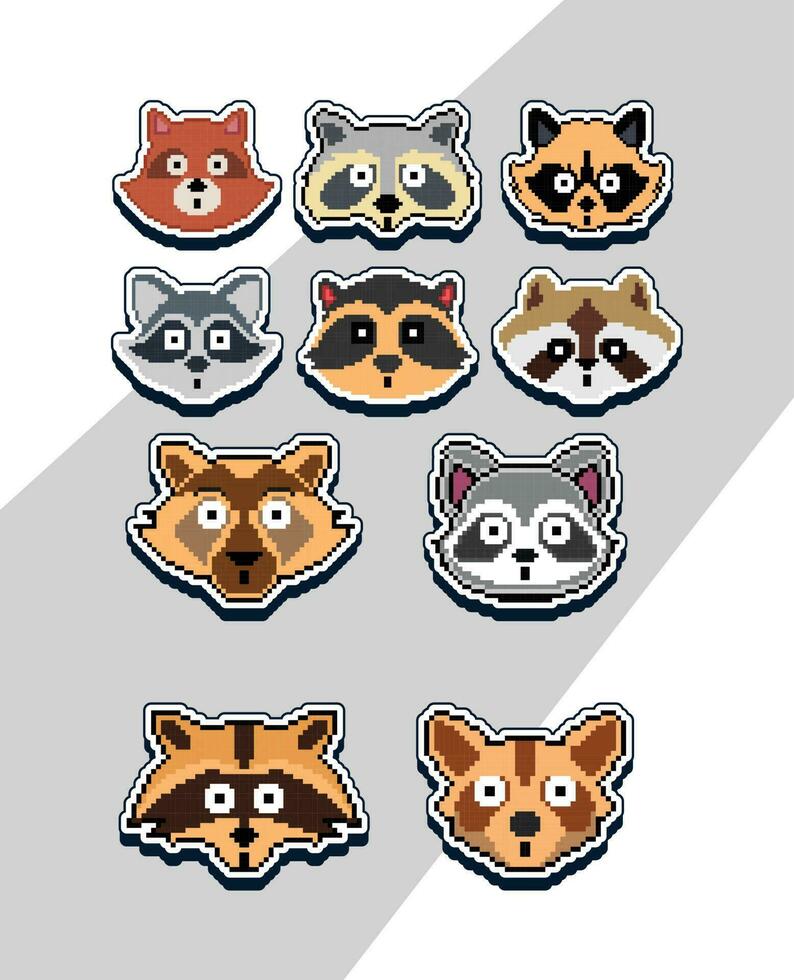 pixel art raccoon faces emoji sticker pixel sticker design vector