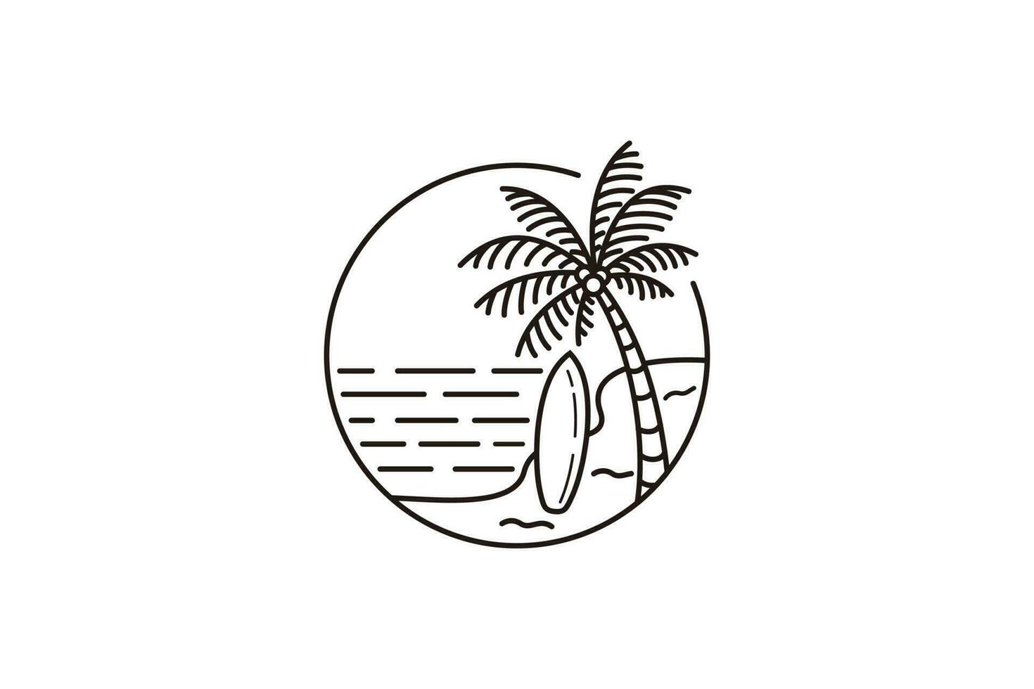 Summer line logo vector illustration design, beach logo design with coconut trees and surfboard