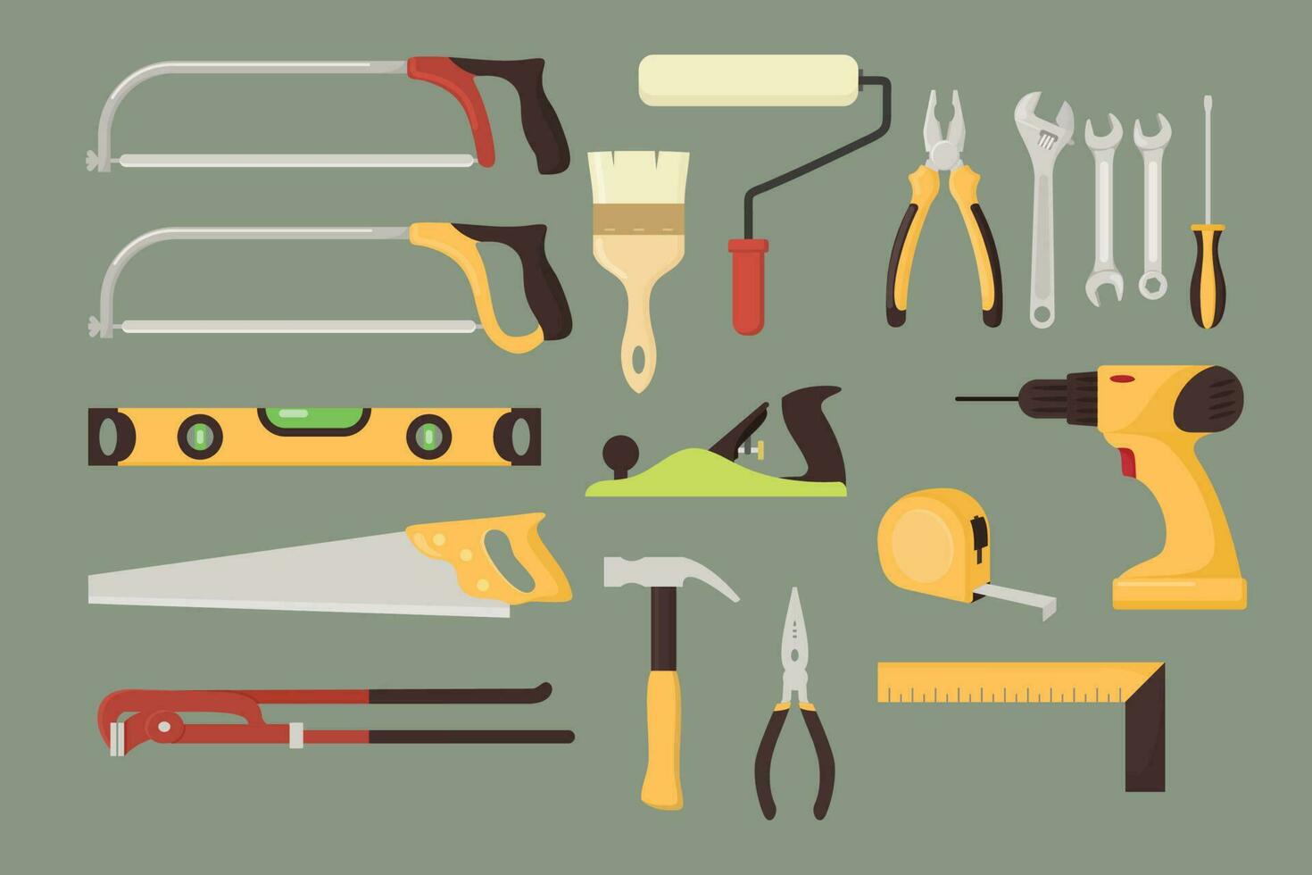 Vector illustration of building repair tools icon, set of yellow carpentry tools isolated on white background