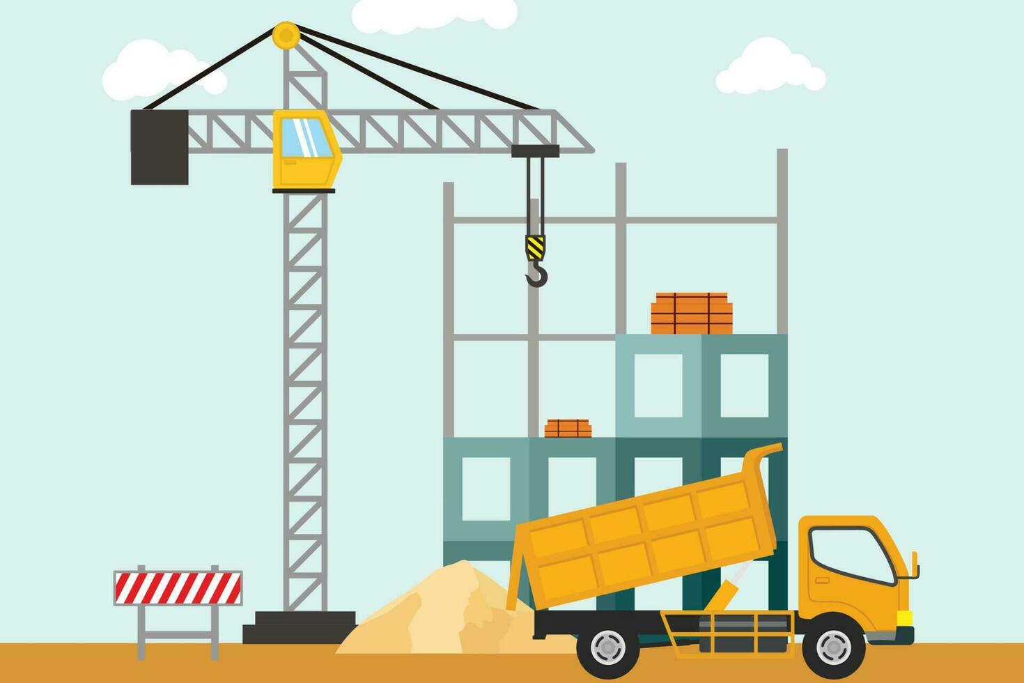 The process of building construction work with construction machines. Vector illustration