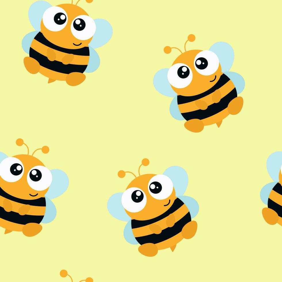 Seamless cute cartoon pattern with simple bees with wings and antennae on a yellow background. Seamless background with cute round bees for baby card or banner vector