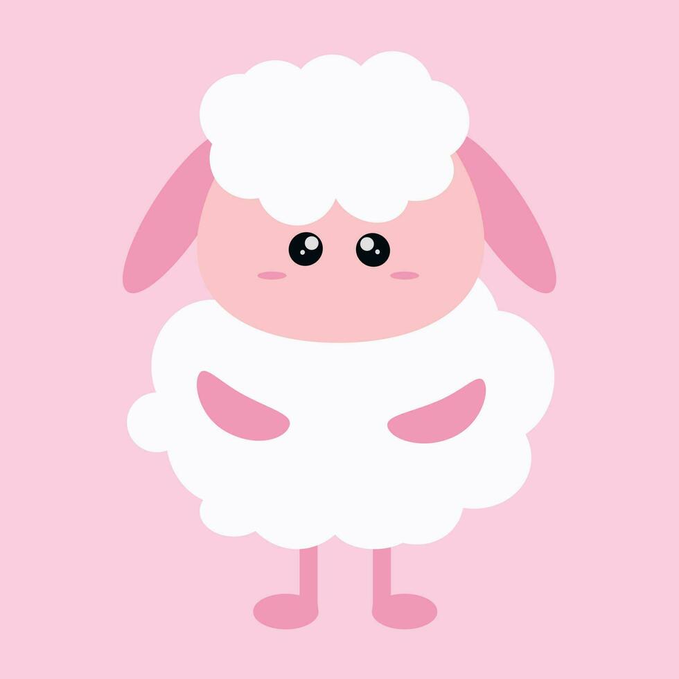 Cute simple cartoon white fluffy sheep on a pink background for children. Cute simple postcard with little sheep vector