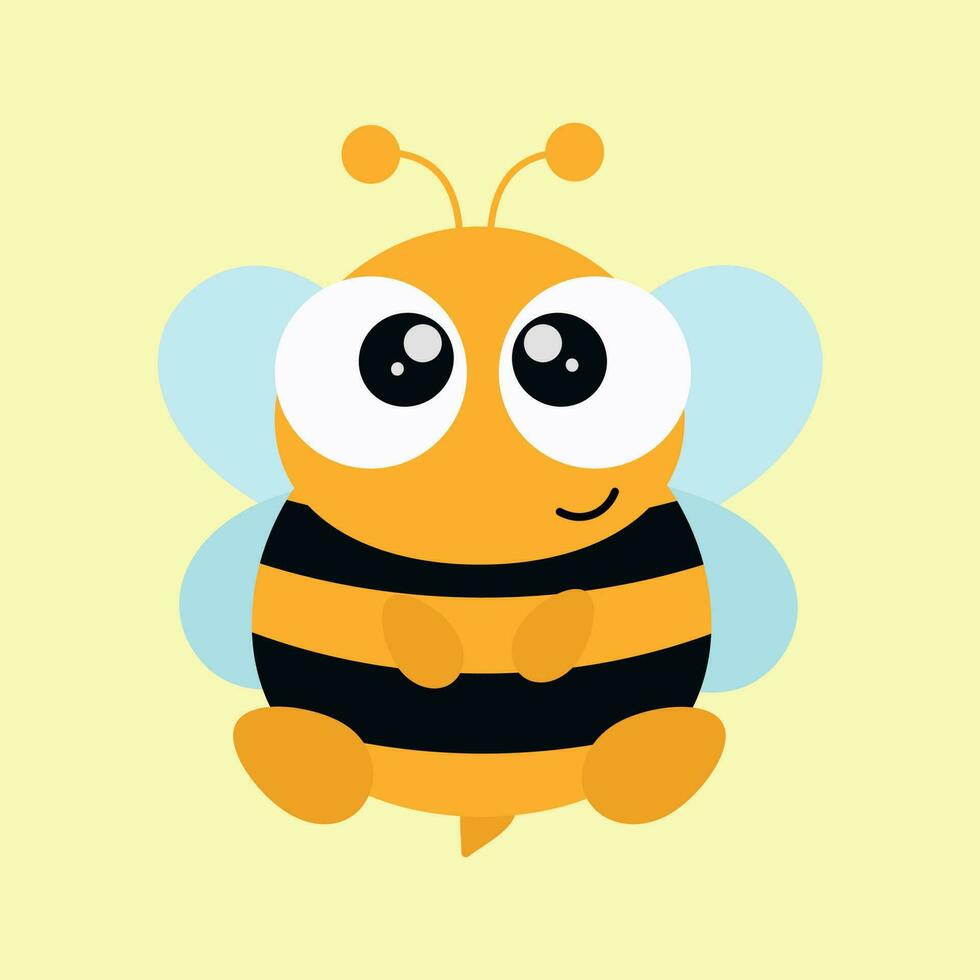 Cute fat round bee with big eyes, antennae and wings on a yellow background. Simple cartoon insect character for baby postcard. Cute bee sticker vector