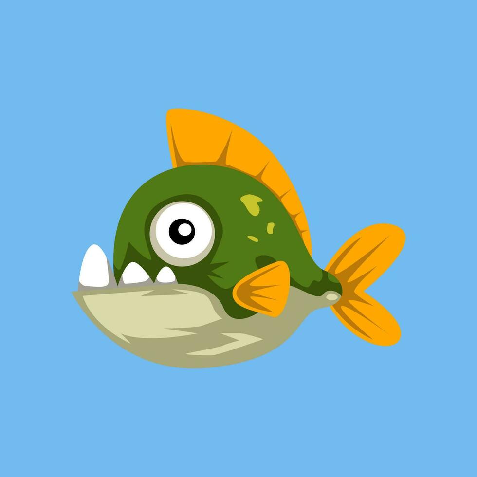 Cute cartoon piranha fish in isolated blue background vector illustration icon