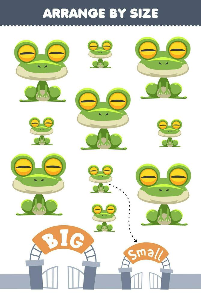 educación juego para niños organizar por Talla grande o pequeño de linda dibujos animados rana imprimible animal hoja de cálculo vector