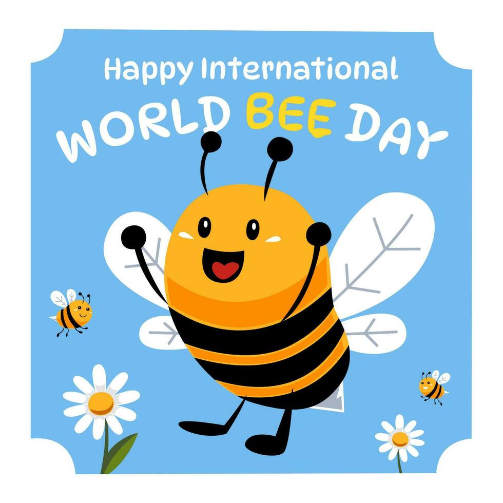 design for international bee day with cartoon illustration of a cute happy bee flying vector