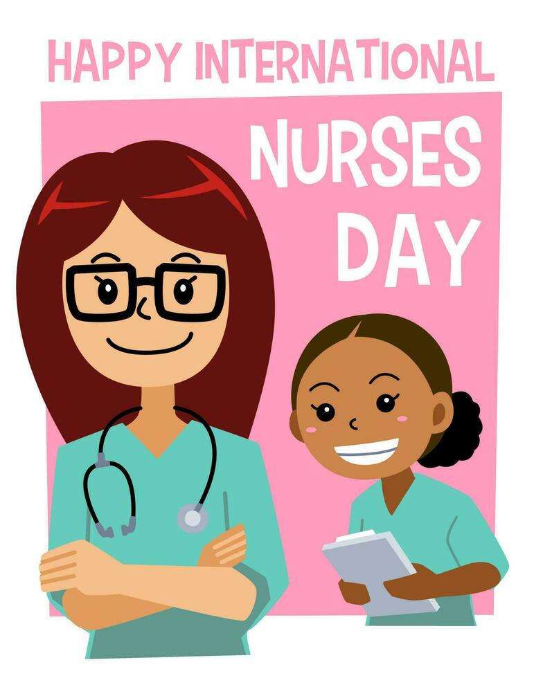 design for international nurses day with illustration of nurse with glasses looking smiling cute cartoon vector