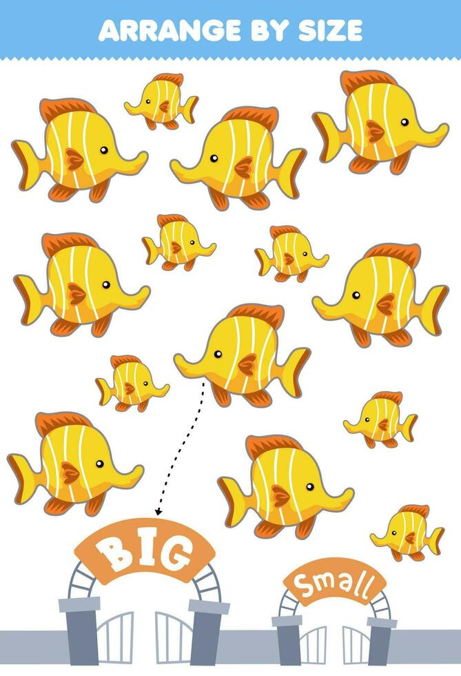 educación juego para niños organizar por Talla grande o pequeño de linda dibujos animados pescado imprimible animal hoja de cálculo vector