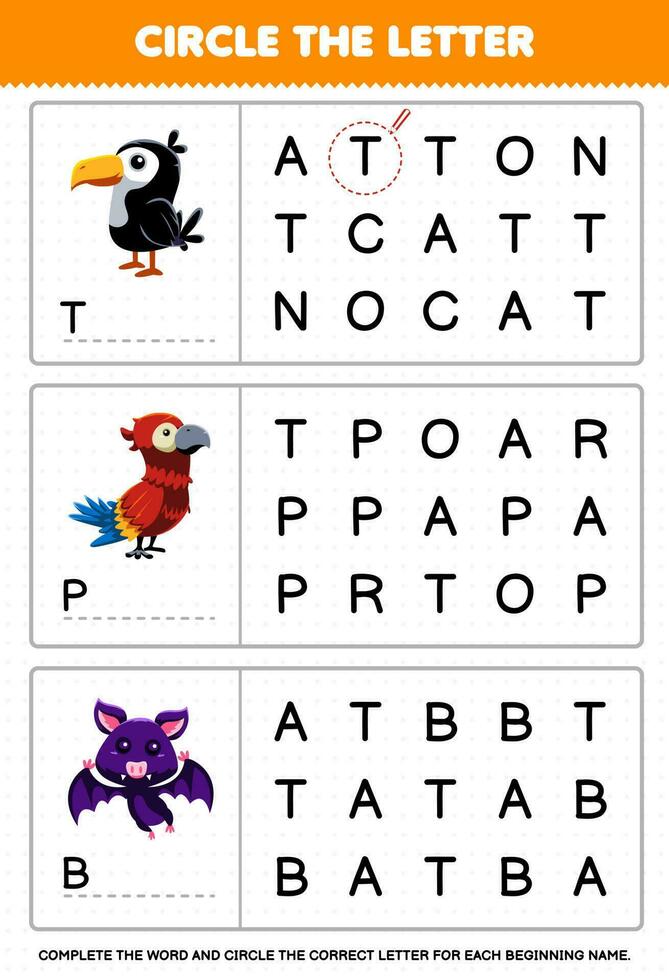 Education game for children circle the beginning letter from cute cartoon toucan parrot bat printable animal worksheet vector